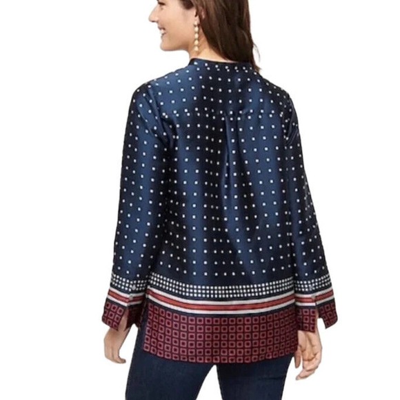 J Crew Drapey In Ratti Blue Red Geometric Print Long Sleeve High Low Tunic XXS - Picture 3 of 12
